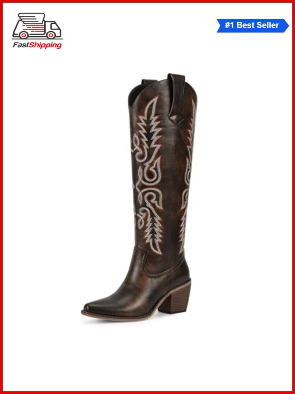 ✨ Pointed Toe Knee High Western Cowboy Boots Faux Leather Block Heel
